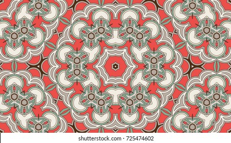 Seamless circular vector pattern. Colored decorative repainting background with tribal and ethnic motifs. Abstract floral geometric lace. Symmetrical flower ornament.