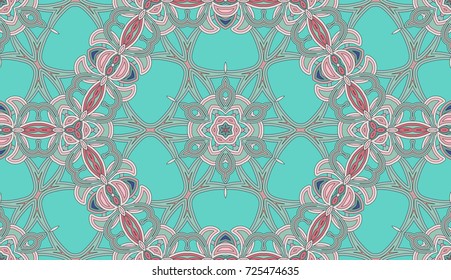 Seamless circular vector pattern. Colored decorative repainting background with tribal and ethnic motifs. Abstract floral geometric lace. Symmetrical flower ornament.