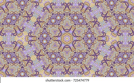 Seamless circular vector pattern. Colored decorative repainting background with tribal and ethnic motifs. Abstract floral geometric lace. Symmetrical flower ornament.