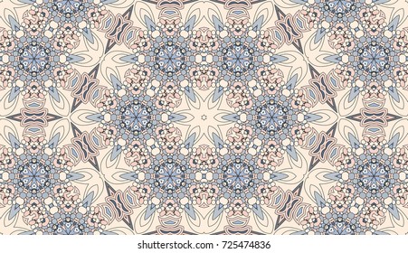 Seamless circular vector pattern. Colored decorative repainting background with tribal and ethnic motifs. Abstract floral geometric lace. Symmetrical flower ornament.