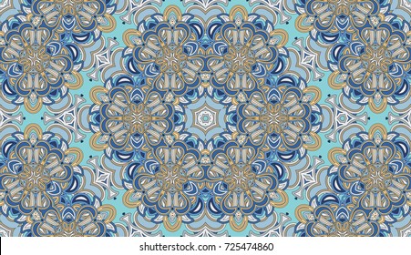 Seamless circular vector pattern. Colored decorative repainting background with tribal and ethnic motifs. Abstract floral geometric lace. Symmetrical flower ornament.