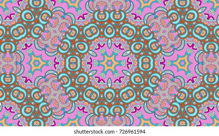 Seamless circular vector pattern. Colored decorative repainting background with tribal and ethnic motifs. Abstract floral geometric lace. Symmetrical flower ornament.