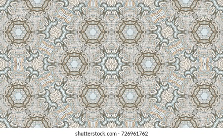 Seamless circular vector pattern. Colored decorative repainting background with tribal and ethnic motifs. Abstract floral geometric lace. Symmetrical flower ornament.