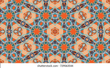 Seamless circular vector pattern. Colored decorative repainting background with tribal and ethnic motifs. Abstract floral geometric lace. Symmetrical flower ornament.