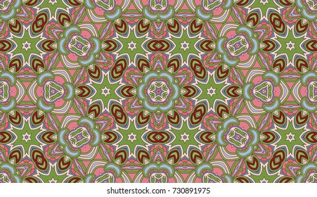 Seamless circular vector pattern. Colored decorative repainting background with tribal and ethnic motifs. Abstract floral geometric lace. Symmetrical flower ornament.