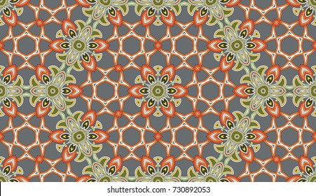Seamless circular vector pattern. Colored decorative repainting background with tribal and ethnic motifs. Abstract floral geometric lace. Symmetrical flower ornament.
