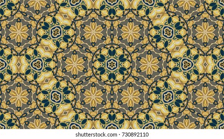 Seamless circular vector pattern. Colored decorative repainting background with tribal and ethnic motifs. Abstract floral geometric lace. Symmetrical flower ornament.