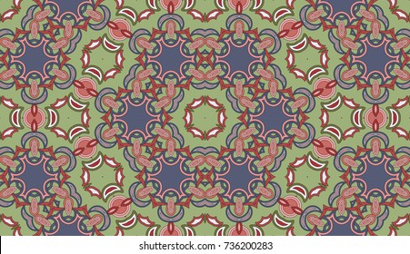 Seamless circular vector pattern. Colored decorative repainting background with tribal and ethnic motifs. Abstract floral geometric lace. Symmetrical flower ornament.