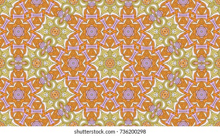 Seamless circular vector pattern. Colored decorative repainting background with tribal and ethnic motifs. Abstract floral geometric lace. Symmetrical flower ornament.