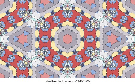 Seamless circular vector pattern. Colored decorative repainting background with tribal and ethnic motifs. Abstract floral geometric lace. Symmetrical flower ornament.