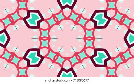Seamless circular vector pattern. Colored decorative repainting background with tribal and ethnic motifs. Abstract floral geometric lace. Symmetrical flower ornament.