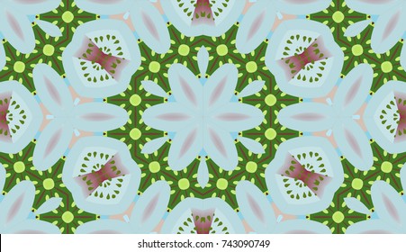 Seamless circular vector pattern. Colored decorative repainting background with tribal and ethnic motifs. Abstract floral geometric lace. Symmetrical flower ornament.