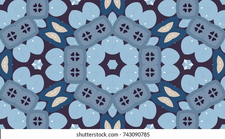 Seamless circular vector pattern. Colored decorative repainting background with tribal and ethnic motifs. Abstract floral geometric lace. Symmetrical flower ornament.