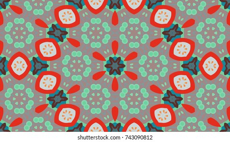Seamless circular vector pattern. Colored decorative repainting background with tribal and ethnic motifs. Abstract floral geometric lace. Symmetrical flower ornament.
