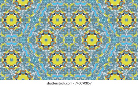 Seamless circular vector pattern. Colored decorative repainting background with tribal and ethnic motifs. Abstract floral geometric lace. Symmetrical flower ornament.