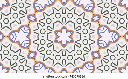 Seamless circular vector pattern. Colored decorative repainting background with tribal and ethnic motifs. Abstract floral geometric lace. Symmetrical flower ornament.