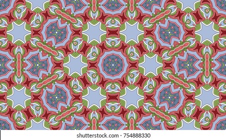 Seamless circular vector pattern. Colored decorative repainting background with tribal and ethnic motifs. Abstract floral geometric lace. Symmetrical flower ornament.