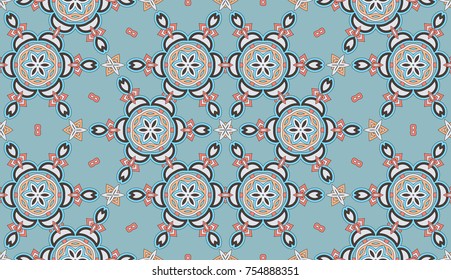 Seamless circular vector pattern. Colored decorative repainting background with tribal and ethnic motifs. Abstract floral geometric lace. Symmetrical flower ornament.