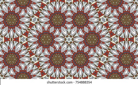 Seamless circular vector pattern. Colored decorative repainting background with tribal and ethnic motifs. Abstract floral geometric lace. Symmetrical flower ornament.