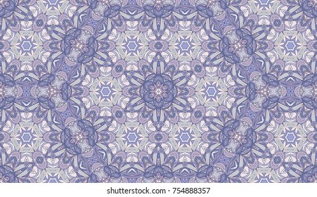 Seamless circular vector pattern. Colored decorative repainting background with tribal and ethnic motifs. Abstract floral geometric lace. Symmetrical flower ornament.