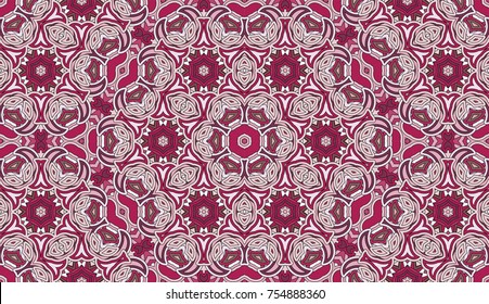 Seamless circular vector pattern. Colored decorative repainting background with tribal and ethnic motifs. Abstract floral geometric lace. Symmetrical flower ornament.