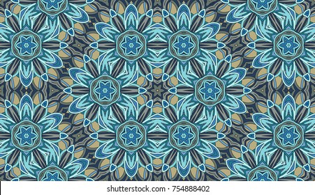 Seamless circular vector pattern. Colored decorative repainting background with tribal and ethnic motifs. Abstract floral geometric lace. Symmetrical flower ornament.