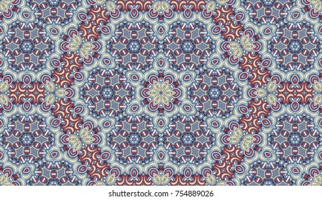 Seamless circular vector pattern. Colored decorative repainting background with tribal and ethnic motifs. Abstract floral geometric lace. Symmetrical flower ornament.