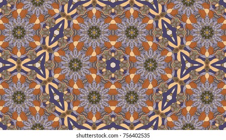 Seamless circular vector pattern. Colored decorative repainting background with tribal and ethnic motifs. Abstract floral geometric lace. Symmetrical flower ornament.