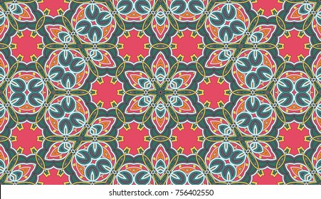 Seamless circular vector pattern. Colored decorative repainting background with tribal and ethnic motifs. Abstract floral geometric lace. Symmetrical flower ornament.