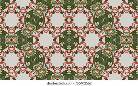 Seamless circular vector pattern. Colored decorative repainting background with tribal and ethnic motifs. Abstract floral geometric lace. Symmetrical flower ornament.