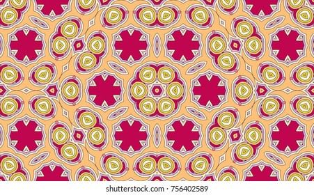 Seamless circular vector pattern. Colored decorative repainting background with tribal and ethnic motifs. Abstract floral geometric lace. Symmetrical flower ornament.