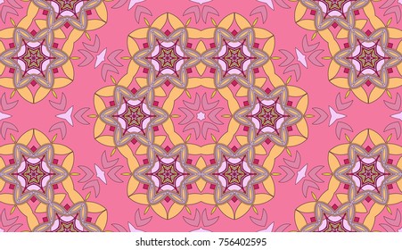 Seamless circular vector pattern. Colored decorative repainting background with tribal and ethnic motifs. Abstract floral geometric lace. Symmetrical flower ornament.
