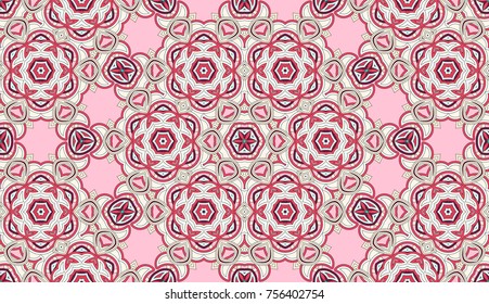 Seamless circular vector pattern. Colored decorative repainting background with tribal and ethnic motifs. Abstract floral geometric lace. Symmetrical flower ornament.