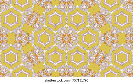 Seamless circular vector pattern. Colored decorative repainting background with tribal and ethnic motifs. Abstract floral geometric lace. Symmetrical flower ornament.