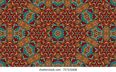 Seamless circular vector pattern. Colored decorative repainting background with tribal and ethnic motifs. Abstract floral geometric lace. Symmetrical flower ornament.