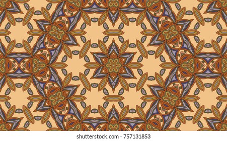 Seamless circular vector pattern. Colored decorative repainting background with tribal and ethnic motifs. Abstract floral geometric lace. Symmetrical flower ornament.