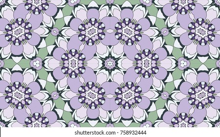 Seamless circular vector pattern. Colored decorative repainting background with tribal and ethnic motifs. Abstract floral geometric lace. Symmetrical flower ornament.