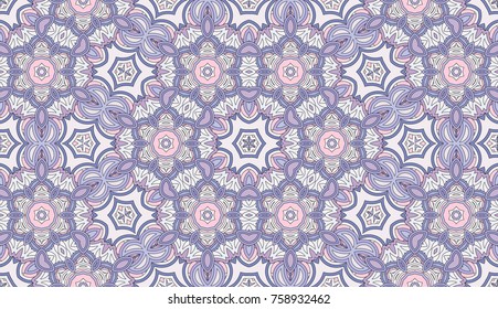 Seamless circular vector pattern. Colored decorative repainting background with tribal and ethnic motifs. Abstract floral geometric lace. Symmetrical flower ornament.