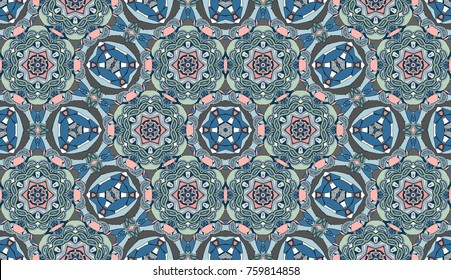 Seamless circular vector pattern. Colored decorative repainting background with tribal and ethnic motifs. Abstract floral geometric lace. Symmetrical flower ornament.