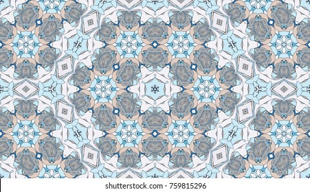 Seamless circular vector pattern. Colored decorative repainting background with tribal and ethnic motifs. Abstract floral geometric lace. Symmetrical flower ornament.