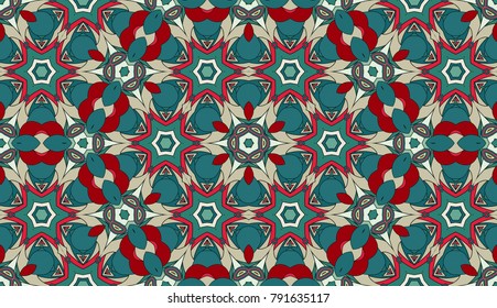 Seamless circular vector pattern. Colored decorative repainting background with tribal and ethnic motifs. Abstract floral geometric lace. Symmetrical flower ornament.