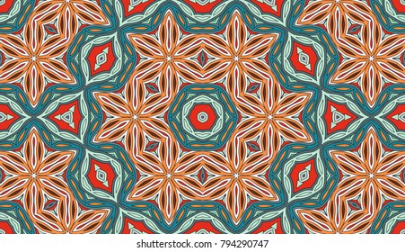 Seamless circular vector pattern. Colored decorative repainting background with tribal and ethnic motifs. Abstract floral geometric lace. Symmetrical flower ornament.