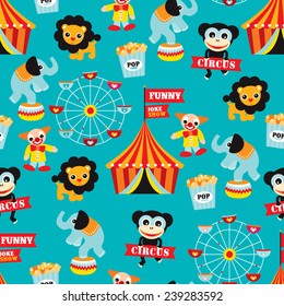 Seamless circus animals carnival fun fair illustration kids background pattern in vector