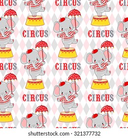 Seamless circus background with elephants standing on a circus tub. Vector illustration.
