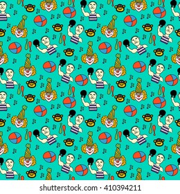 Seamless circus pattern with clown, monkeys, strongmen and circus stock. Vector illustration for fabric and textile design, wallpaper, wrapping paper and other. 