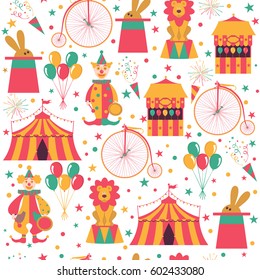 Seamless circus pattern with clowns, market stall, lion, tent, magic hat, bike and balloons. Vector illustration.