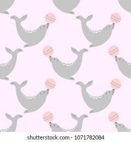 Seamless circus pattern with cute seal with ball. Vector childish background.