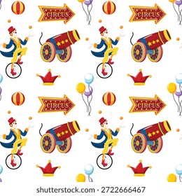 Patrón de circo sin fisuras con payasos haciendo malabares en monociclos, cañones, señales, bolas, globos que se repiten en el fondo blanco, textura de feria de carnaval para la tela, Fondo de pantalla, papel de embalaje, impresión de ropa de los niños