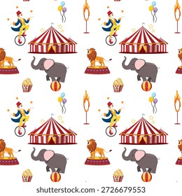 Patrón de circo sin fisuras con payasos haciendo malabares en monociclos, carpas a rayas, leones en podios, elefantes con bolas, cubos de palomitas de maíz, globos