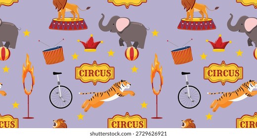Patrón de circo sin fisuras sobre fondo púrpura con leones, elefantes en tambores, tigres saltando